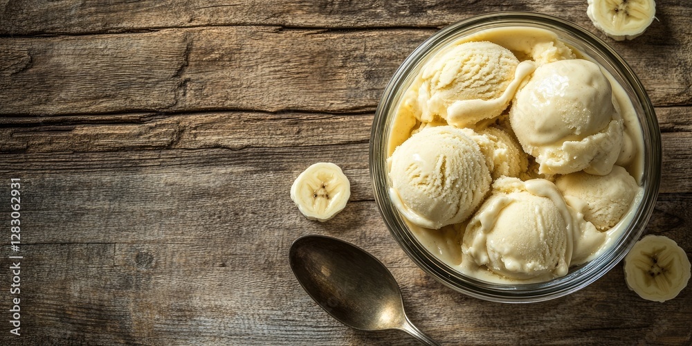 Poster banana ice cream scoops in a glass bowl on rustic wooden surface with sliced bananas and silver spoo