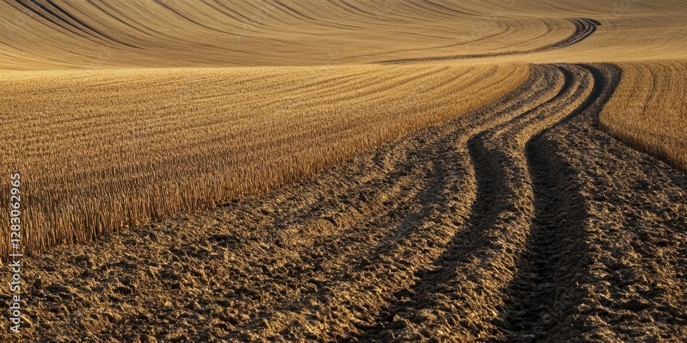 Poster golden agricultural landscape showcasing undulating fields and distinct tire tracks leading into the