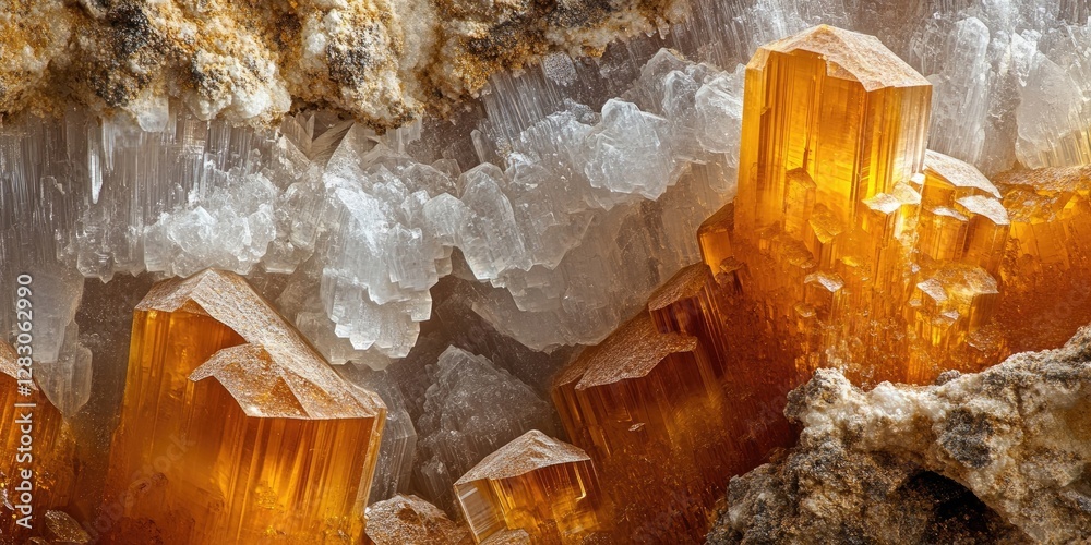 Aufkleber dazzling macro shot of vibrant amber and clear barite crystals showcasing intricate textures and uni