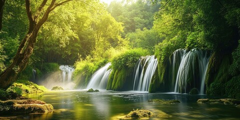 Obraz premium Lush green forest scene featuring cascading waterfalls and serene river with sunlight filtering through trees creating a tranquil atmosphere.