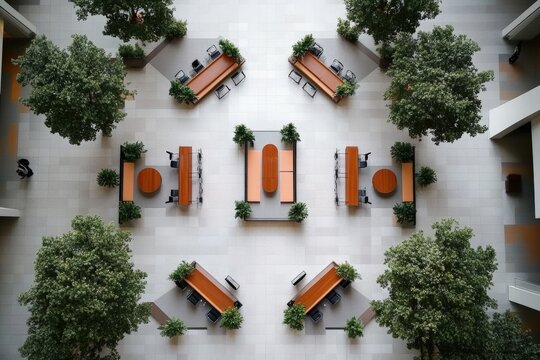 Modern office layout featuring wooden tables, green plants, and a spacious design promoting collaboration and productivity in a contemporary workspace concept