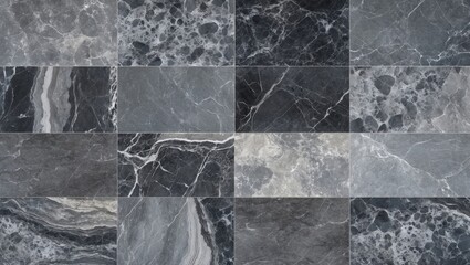 Gray marble texture tiles arranged in a square pattern showcasing various shades and patterns of gray stone surfaces.