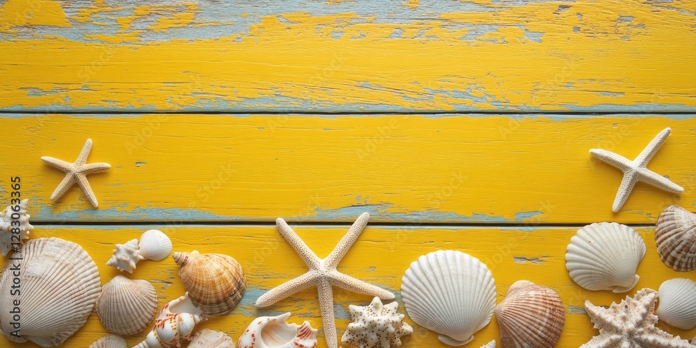 Aufkleber Nautical decor composed of seashells and starfish arranged along the bottom of a vivid yellow wooden background with empty space above for text.