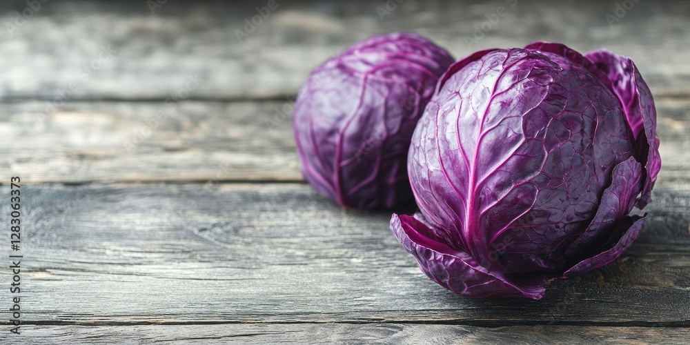 Poster red cabbage heads with vibrant purple hues resting on a rustic wooden surface illuminated by soft na