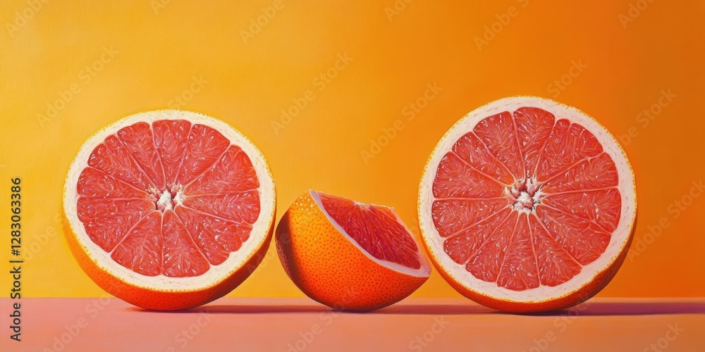 Aufkleber vibrant grapefruit halves and a quarter on a softly blurred orange gradient background showcasing pi