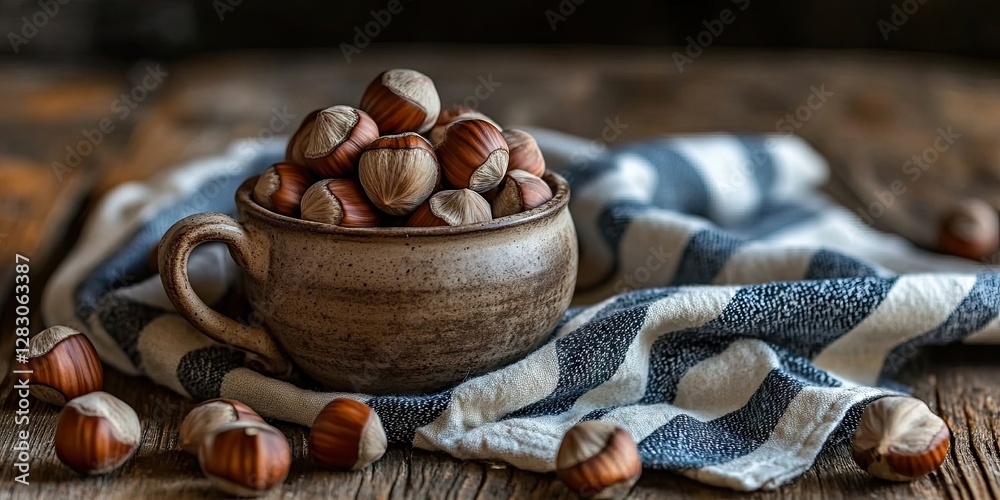 Poster Rustic clay mug overflowing with hazelnuts positioned centrally on a wooden table with a blue and white striped towel creating a warm earthy display