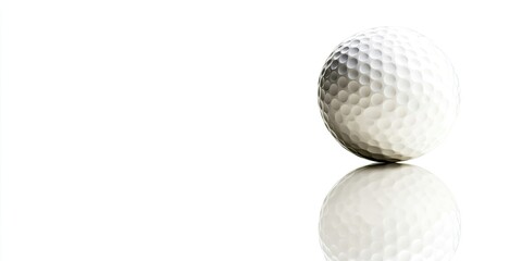 Glossy golf ball on white background, positioned right with smooth reflection, ample negative space for text, ideal for promotional use.