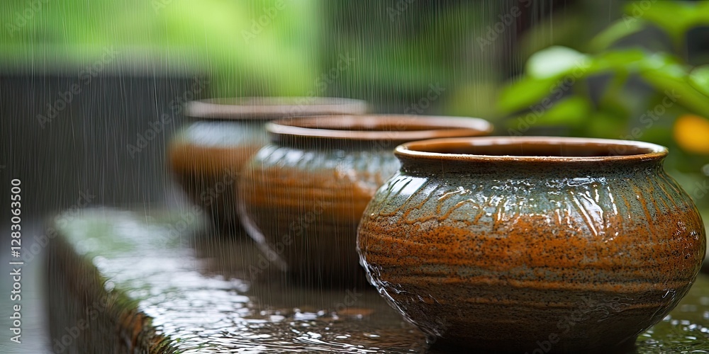Poster Serene rainfall scene with three textured clay pots on a stone surface surrounded by lush greenery and soft rain cascading down prominently.