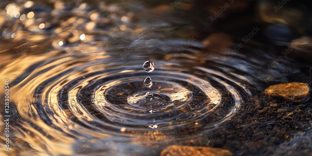 Aufkleber droplet creating ripples on water surface with golden reflections and smooth stone at the bottom, vi