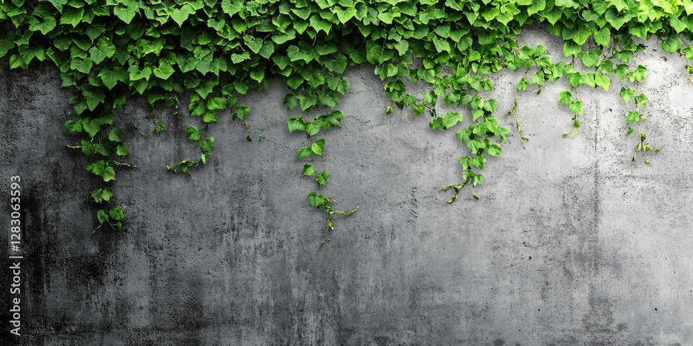 Leinwandbilder Lush green ivy cascading down a textured gray concrete wall creating a balanced composition with vibrant foliage and a neutral background.