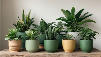 Obraz premium Various indoor potted plants in different ceramic pots arranged on a wooden surface against a neutral wall background