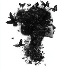 Portrait of a woman intertwined with butterflies and foliage elements