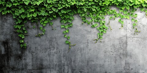 Lush green ivy cascading down a textured gray concrete wall creating a balanced composition with vibrant foliage and a neutral background.