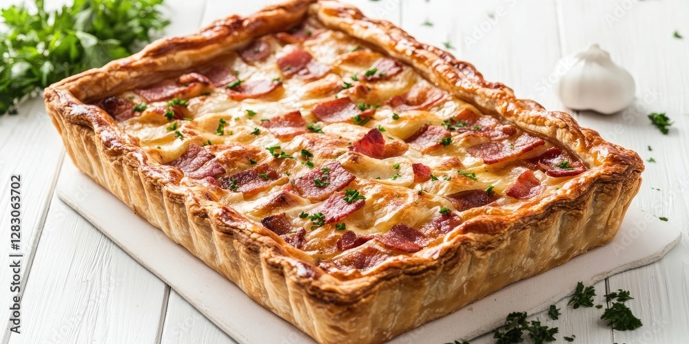 Poster rectangular bacon pie with golden crust on white wooden surface, garnished with fresh parsley and a 
