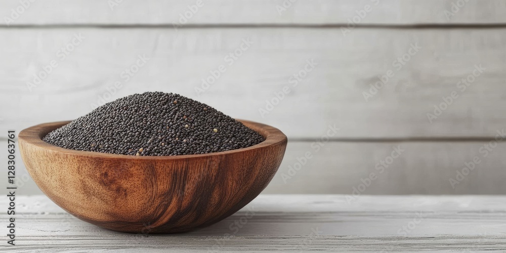 Poster poppy seeds piled in a rustic wooden bowl on a light grey wooden surface with a neutral backdrop pro