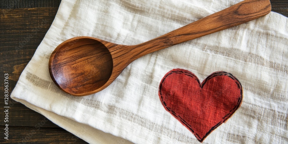 Poster wooden spoon on a white kitchen towel with red heart design positioned on a rustic wooden surface, c