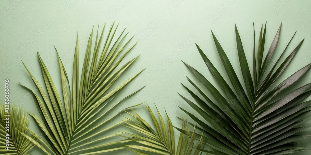 Aufkleber Vibrant green palm leaves in various shades arranged elegantly on a soft pastel green backdrop creating a tropical and serene atmosphere