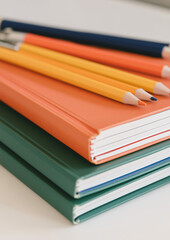 Stack of Colorful Notebooks and Pencils: A vibrant stack of colorful notebooks, pencils with sharpener, creating an inviting scene for learning and creativity.