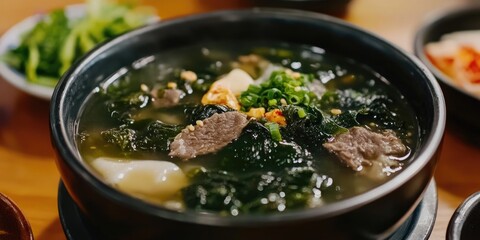 Korean soup bowl with dark green leafy vegetables and beef slices surrounded by vibrant garnishes in a wooden table setting.