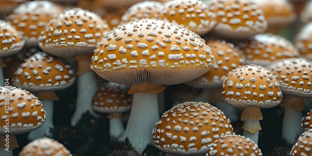 Poster mushroom background featuring clusters of golden-brown mushrooms with white speckles against a blurr
