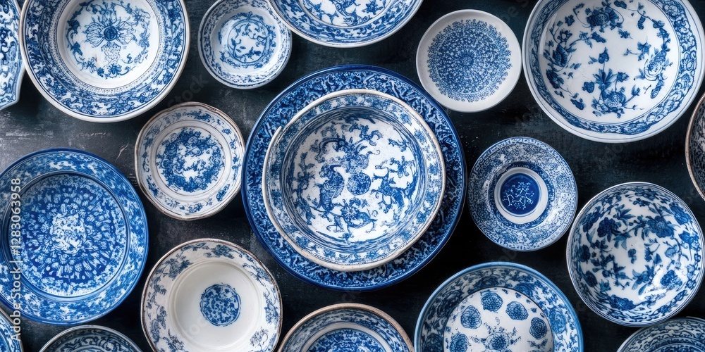 Poster blue and white porcelain dishes arranged artistically on a dark background showcasing intricate flor