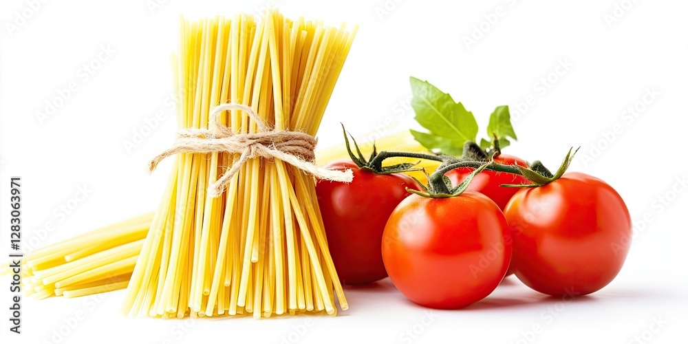 Poster fresh red tomatoes with green leaves alongside a bundle of uncooked spaghetti noodles on a white bac