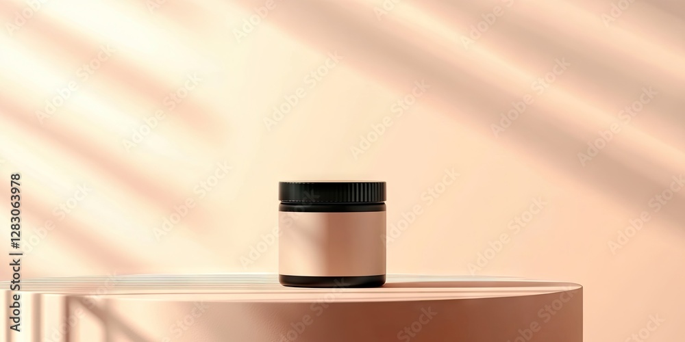 Aufkleber minimalist label logo mockup featuring a round container on a peach-toned circular pedestal with sof