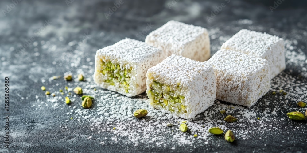 Poster pistachio turkish delight cubes dusted with powdered sugar on dark textured background with scattere