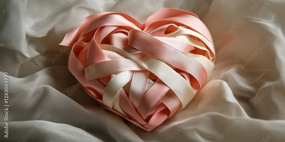 Poster heart-shaped gift made from pink and ivory ribbons lying on soft beige fabric with smooth folds crea