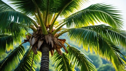 Tropical palm tree with lush green leaves under bright sunlight against a blurred natural background