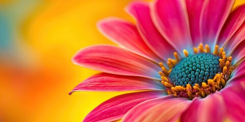 Vibrant closeup of a pink flower with teal center against a blur of warm orange and yellow hues showcasing nature's intricate details and colors