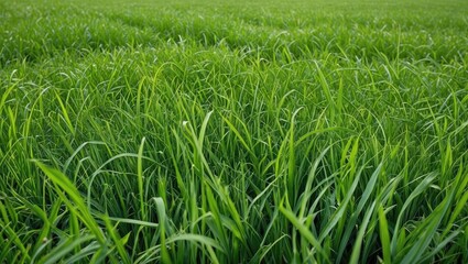 Obraz premium Lush Green Grass Field Texture Ideal for Natural Background and Blank Space for Text Overlay