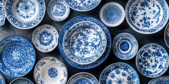 Blue and white porcelain dishes arranged artistically on a dark background showcasing intricate floral patterns and various sizes and shapes of bowls.