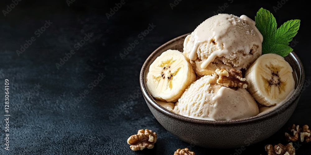 Poster Ice cream scoops topped with fresh banana slices and walnut kernels in a dark bowl placed on a textured dark background with ample copy space