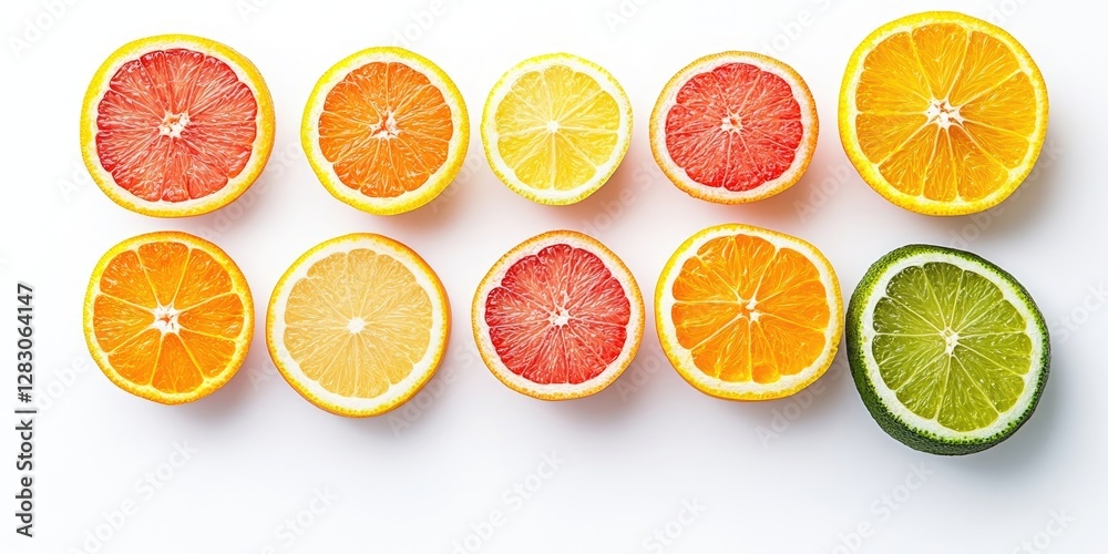 Aufkleber colorful citrus fruit slices arranged in a horizontal line on a white background featuring oranges, 
