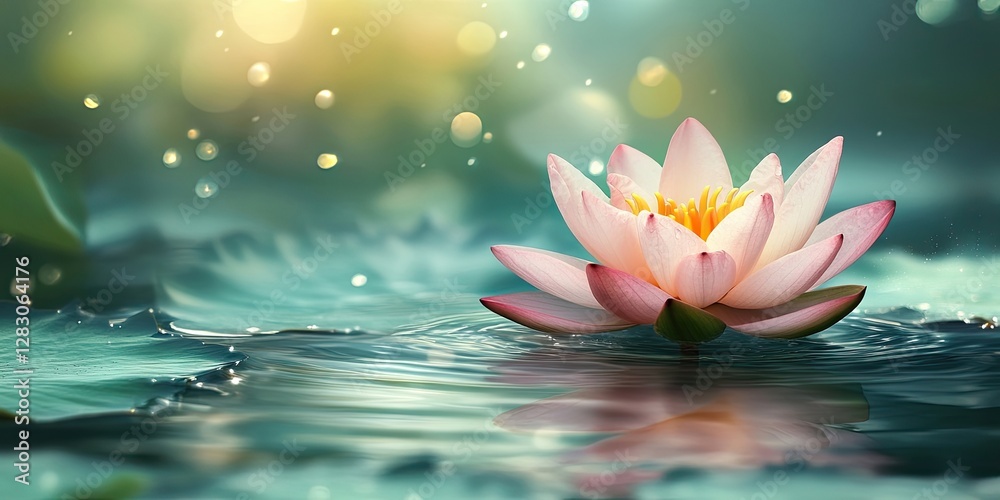 Leinwandbilder serene water lily in pastel pink and white hues floating on a tranquil pond with soft green tones an