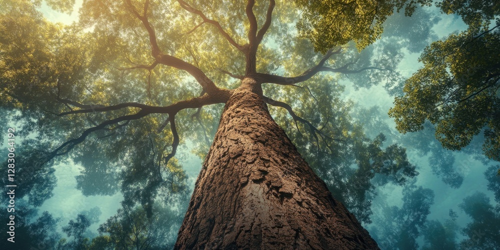 Poster majestic towering tree reaching skyward in a tranquil forest with dappled sunlight and misty ambianc