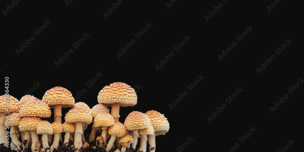 Poster Cluster of small orange-brown mushrooms with textured caps on dark background, positioned on left side creating a striking contrast.