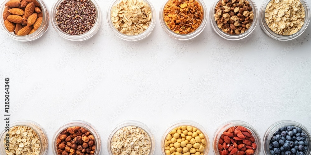 Poster Assorted nuts and cereals in clear containers arranged neatly on a white surface ensuring ample blank space for text or writing purposes