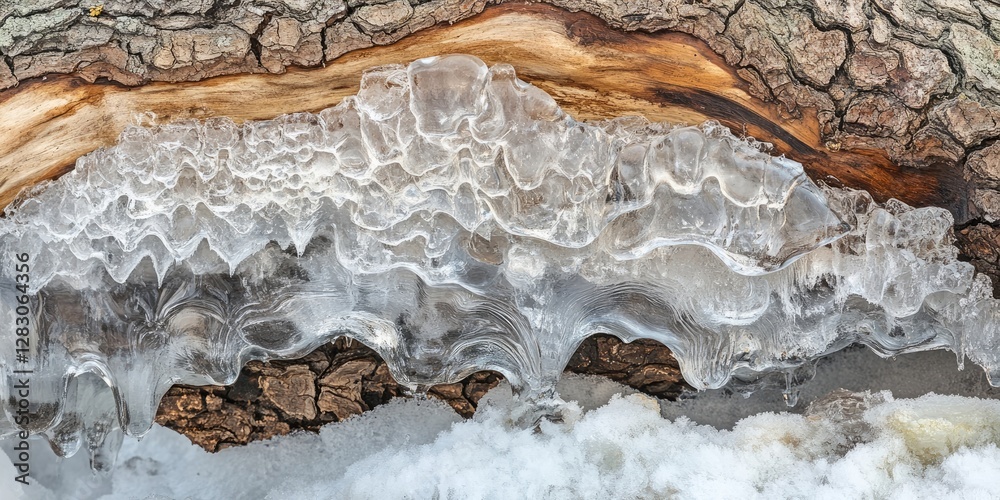 Poster frozen cascading ice formation over textured tree bark with a soft white snow backdrop, featuring in