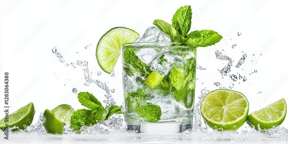 Poster refreshing mojito with mint leaves and ice cubes in a clear glass surrounded by lime wedges on a bri