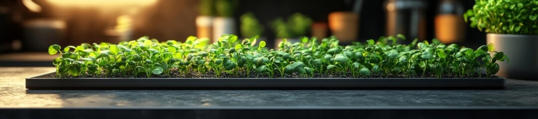 Homegrown microgreens thriving under natural lighting on a kitchen counter. Generative AI