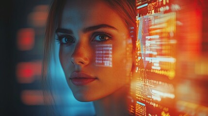 modern businesswoman analyzing financial data through a futuristic hologram interface studying digital graphs and corporate trends in an innovative technology office