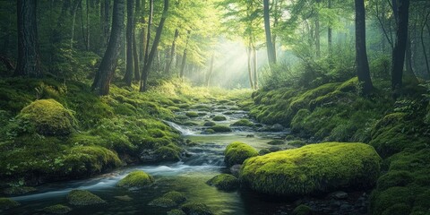 Obraz premium Lush green forest landscape with a serene stream and moss-covered stones illuminated by soft sunlight, showcasing tranquil natural beauty.