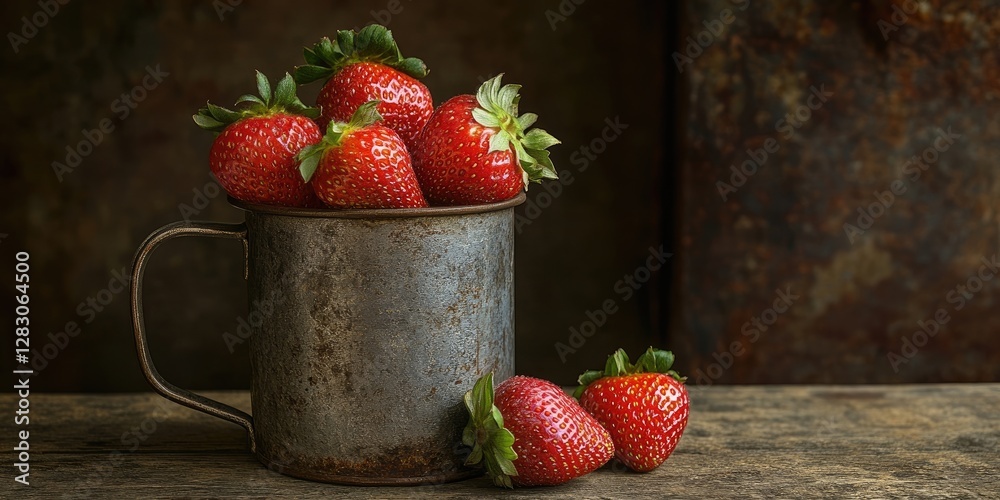 Poster rustic wooden table with a weathered metal mug overflowing with vibrant ripe strawberries against a 