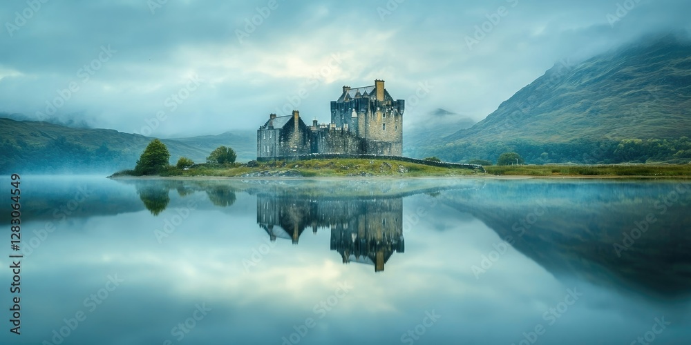Aufkleber serene reflection of a historic castle on calm waters surrounded by lush greenery and misty mountain