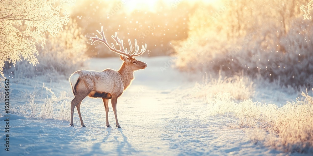 Aufkleber reindeer standing on frosty snow-covered path illuminated by soft sunlight surrounded by frost-cover