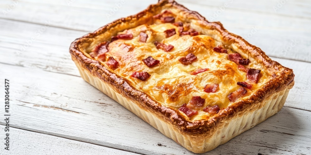 Poster ruddy rectangular bacon pie on a white wooden background with a golden crust and selective focus, sh