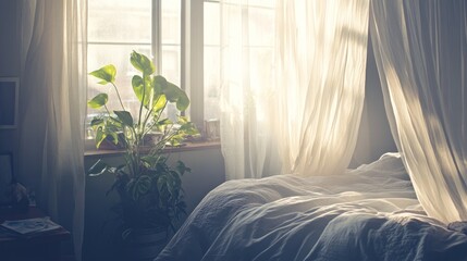 Sunlit Bedroom Sanctuary: Morning Light Through Sheer Curtains