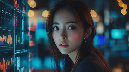 modern businesswoman analyzing financial data through a futuristic hologram interface studying digital graphs and corporate trends in an innovative technology office